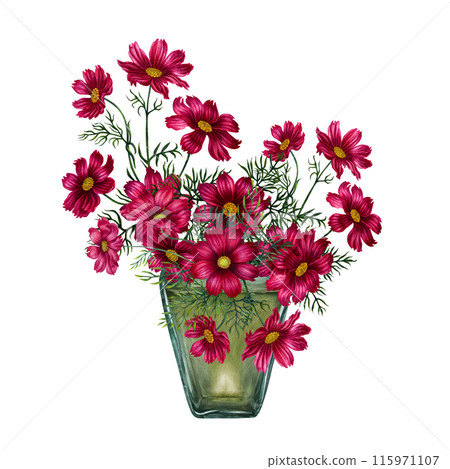 Green vintage glass bottle with red flowers. Watercolor illustration for template design of vase, liqueur, amaretto, perfume, oil, liquid, aromatherapy, drinks, beauty, alcohol, spa, magic 115971107