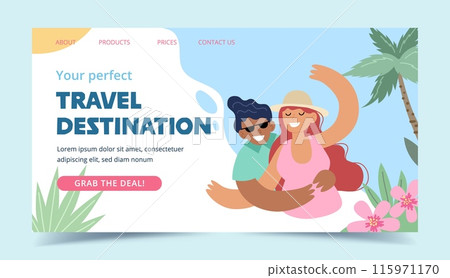 Travel destinations summer landing page. Happy couple smiling for a picture. Concept vector illustration 115971170