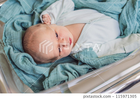 A newborn rests peacefully in his transparent bassinet in the hospital. The clear bassinet provides visibility for medical staff to monitor the baby's well-being while ensuring a safe and comfortable 115971305