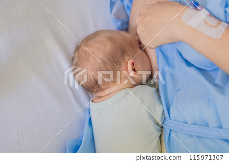 A mom breastfeeds her newborn baby in the hospital. The intimate moment fosters bonding between mother and child, promoting emotional connection and providing essential nourishment for the baby's well 115971307