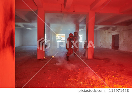 A group of professional soldiers bravely executes a dangerous rescue mission, surrounded by fire in a perilous building. A group of professional soldiers bravely executes a dangerous rescue mission, surrounded by fire in a perilous building. 115971428