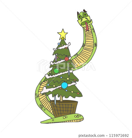 humorous character with a decorated Christmas tree humorous character with a decorated Christmas tree 115971692