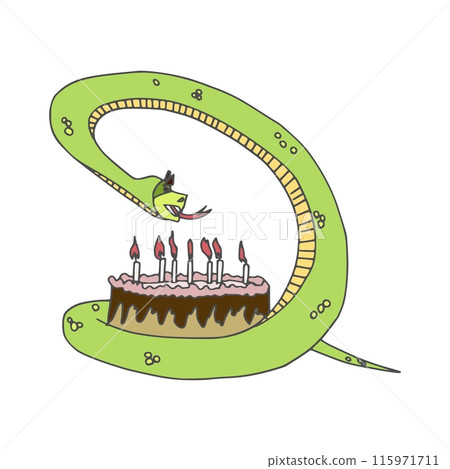 a snake coiled near a birthday cake with candles a snake coiled near a birthday cake with candles 115971711
