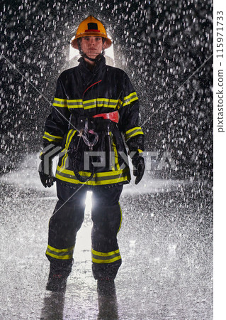 A determined female firefighter in a professional uniform striding through the dangerous, rainy night on a daring rescue mission, showcasing her unwavering bravery and commitment to saving lives. A determined female firefighter in a professional uniform striding through the dangerous, rainy night on a daring rescue mission, showcasing her unwavering bravery and commitment to saving lives. 115971733