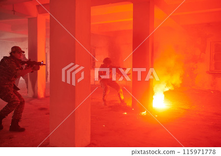 A group of professional soldiers bravely executes a dangerous rescue mission, surrounded by fire in a perilous building. A group of professional soldiers bravely executes a dangerous rescue mission, surrounded by fire in a perilous building. 115971778