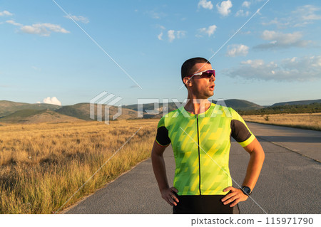 Triathlete resting after exhausting training for the upcoming marathon. 115971790