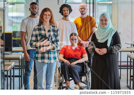 A diverse group of young business people congregates within a modern startup's glass-enclosed office, featuring inclusivity with a person in a wheelchair, an African American young man , and a hijab 115971935