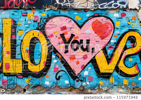 Colorful love graffiti art on urban wall, street art concept Colorful love graffiti art on urban wall, street art concept 115971948