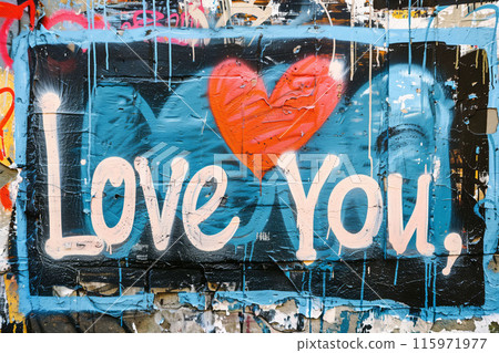 Colorful love graffiti art on urban wall, street art concept 115971977