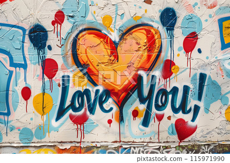 Colorful love graffiti art on urban wall, street art concept Colorful love graffiti art on urban wall, street art concept 115971990