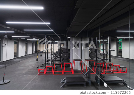 An empty modern gymnasium with a variety of equipment, offering a spacious, functional, and well-equipped training facility for workouts, fitness, and strength training An empty modern gymnasium with a variety of equipment, offering a spacious, functional, and well-equipped training facility for workouts, fitness, and strength training 115972265