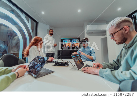 A diverse group of businessmen collaborates and tests a new virtual reality technology, wearing virtual glasses, showcasing innovation and creativity in their futuristic workspace 115972297