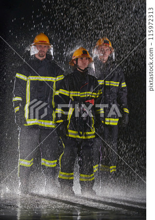 A group of professional firefighters marching through the rainy night on a rescue mission, their determined strides and fearless expressions reflecting their unwavering bravery and unwavering A group of professional firefighters marching through the rainy night on a rescue mission, their determined strides and fearless expressions reflecting their unwavering bravery and unwavering 115972313