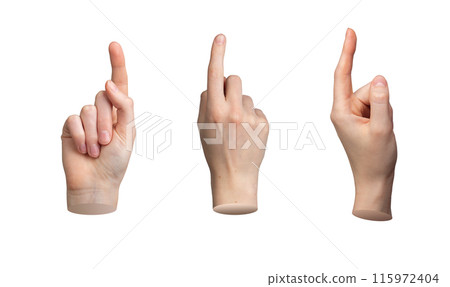 Hand gesture, pointing indicating sign from different views Pointer isolated on white background, Hand gesture, pointing indicating sign from different views Pointer isolated on white background, 115972404