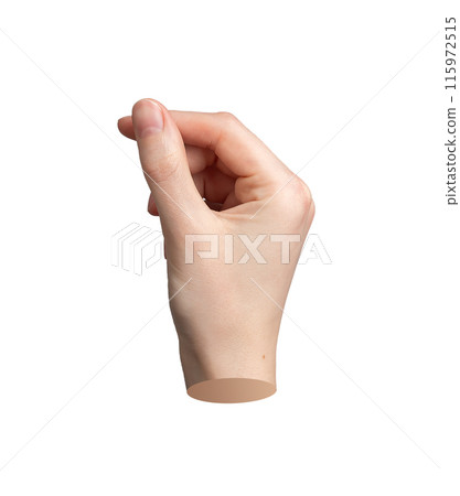 Pinched hand gesture, sign, thumb and index finger holding something invisible isolated on white 115972515