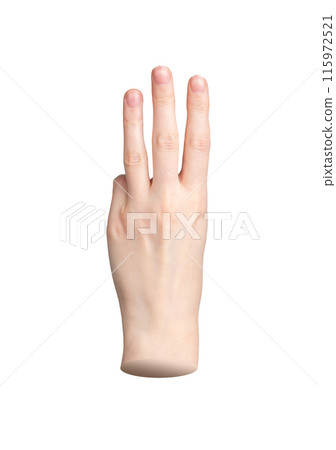Three fingers up, hand showing number 3. Isolated sign, gesture on white background. Counting digits 115972521