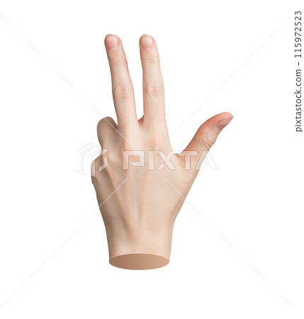 Three fingers up, hand showing the number 3 Isolated sign, gesture on white background Person Three fingers up, hand showing the number 3 Isolated sign, gesture on white background Person 115972523