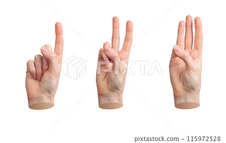 Hand counting fingers, one, two, three. Isolated sign, gesture showing quantity, score, number. 115972528