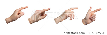 Finger pointing, pointer sign. Gesture with index indicating. Hand showing, touch, tap, click. Finger pointing, pointer sign. Gesture with index indicating. Hand showing, touch, tap, click. 115972531
