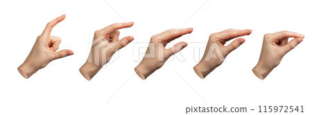 Hand gestures showing size from big to small. Pinch, catch, hold, isolated on white. Arm grabbing, Hand gestures showing size from big to small. Pinch, catch, hold, isolated on white. Arm grabbing, 115972541