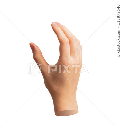 Hand holding with fingers, showing something invisible. Isolated on white. Measuring size, empty Hand holding with fingers, showing something invisible. Isolated on white. Measuring size, empty 115972546