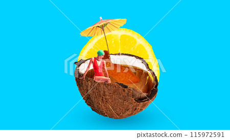 Woman in red swimsuit and green cap sitting inside coconut filled with juice, lemon slice and umbrella, against blue background. Contemporary art collage. 115972591