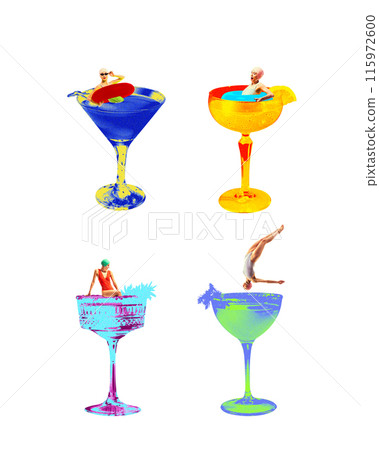 Girls in retro swimsuits relaxing on various cocktails against white background. Set of sweet and sour drinks. Contemporary art collage. Girls in retro swimsuits relaxing on various cocktails against white background. Set of sweet and sour drinks. Contemporary art collage. 115972600