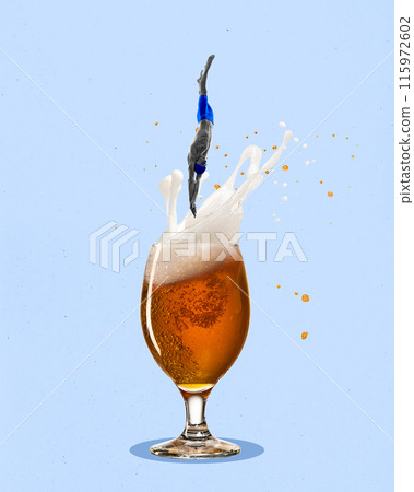 Muscular athletic male, swimmer diving into glass with foamy lager beer with splashes against light blue background. Contemporary art collage. 115972602