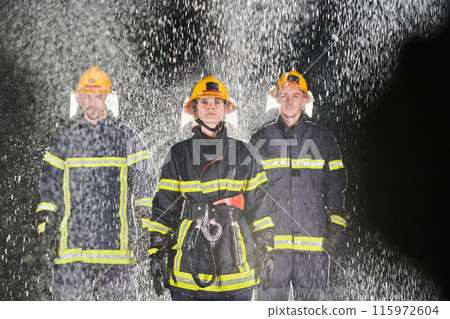 A group of professional firefighters marching through the rainy night on a rescue mission, their determined strides and fearless expressions reflecting their unwavering bravery and unwavering 115972604