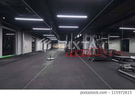 An empty modern gymnasium with a variety of equipment, offering a spacious, functional, and well-equipped training facility for workouts, fitness, and strength training 115972615