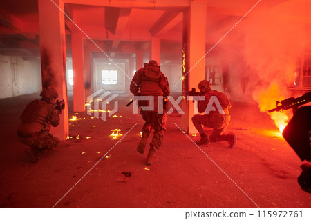 A group of professional soldiers bravely executes a dangerous rescue mission, surrounded by fire in a perilous building. A group of professional soldiers bravely executes a dangerous rescue mission, surrounded by fire in a perilous building. 115972761