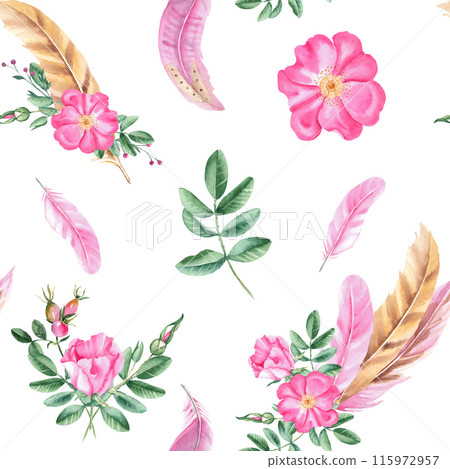 Watercolor romantic Seamless Pattern with Dog rose and pink and beige Feathers on white background. Hand drawn illustration. Can be used for fabric, textile and packaging prints. 115972957