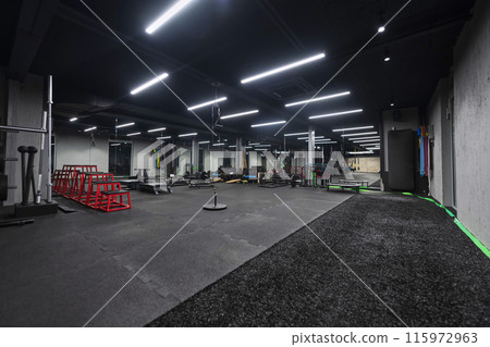 An empty modern gymnasium with a variety of equipment, offering a spacious, functional, and well-equipped training facility for workouts, fitness, and strength training 115972963