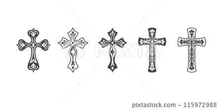 Flat Vector Black Christian Cross Icons Set Isolated on a White Background. Line Silhouette Cut Out Christian Crosses Collection Flat Vector Black Christian Cross Icons Set Isolated on a White Background. Line Silhouette Cut Out Christian Crosses Collection 115972988