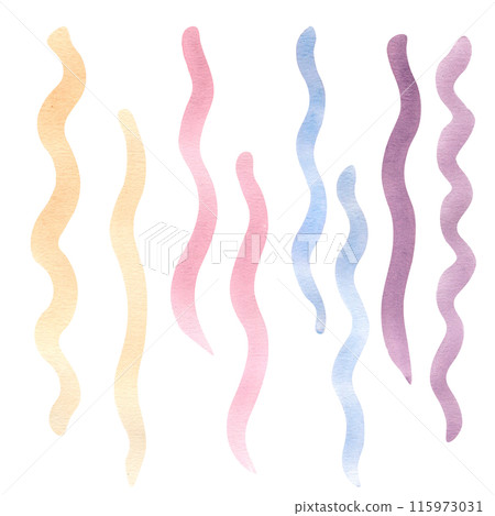 Wavy lines in a gradient of soft colors in watercolor hand drawn. Lines painted in shades of peach, pink, blue, and lavender for creating marine pattern. Set of curly lines for nautical ornate 115973031