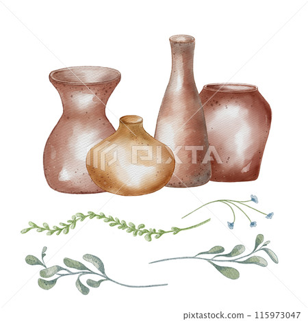 Set of pottery in a row and plant elements in pastel tone. Tall jug and wide vase in watercolor illustration isolated. Leaves and clay dishes hand drawn. For ceramics workshop, school, modeling Set of pottery in a row and plant elements in pastel tone. Tall jug and wide vase in watercolor illustration isolated. Leaves and clay dishes hand drawn. For ceramics workshop, school, modeling 115973047