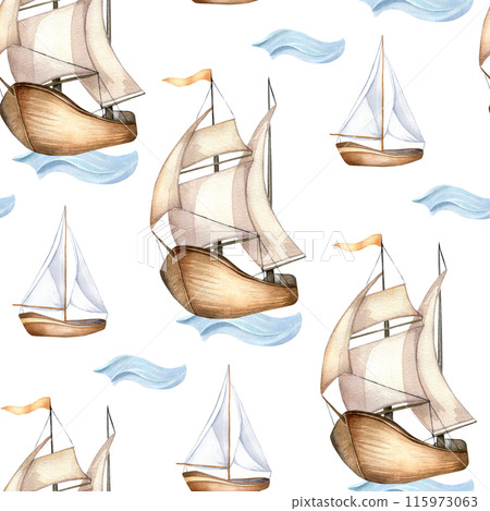 Various boats, sailboats on sea waves hand drawn watercolor for seamless nautical pattern. Maritime design textile with sail vessel. Nautical background with sailing ship for packaging, print Various boats, sailboats on sea waves hand drawn watercolor for seamless nautical pattern. Maritime design textile with sail vessel. Nautical background with sailing ship for packaging, print 115973063