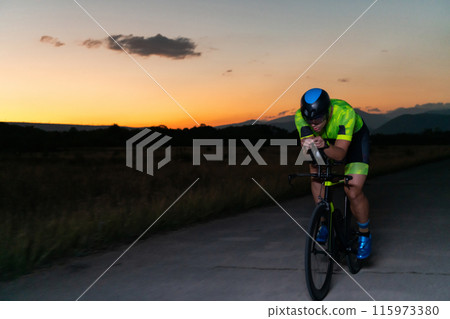 A triathlete rides his bike in the darkness of night, pushing himself to prepare for a marathon. The contrast between the darkness and the light of his bike creates a sense of drama and highlights the A triathlete rides his bike in the darkness of night, pushing himself to prepare for a marathon. The contrast between the darkness and the light of his bike creates a sense of drama and highlights the 115973380