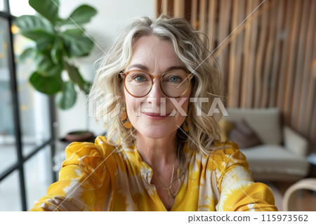 Blonde Woman Smiling In Yellow Blouse 115973562