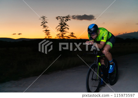A triathlete rides his bike in the darkness of night, pushing himself to prepare for a marathon. The contrast between the darkness and the light of his bike creates a sense of drama and highlights the A triathlete rides his bike in the darkness of night, pushing himself to prepare for a marathon. The contrast between the darkness and the light of his bike creates a sense of drama and highlights the 115973597