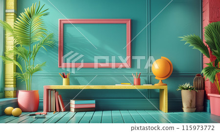 Concept to teacher's day. Pens, apple and books on the table, against the background of chalkboard. Back to school, generated AI 115973772