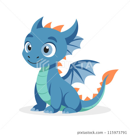 Cute cartoon dragon. Baby dragon or dinosaur cute character. Fairytale monster. Illustration, print 115973791