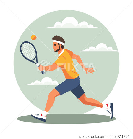 Male tennis player runs with a racket after the ball. Playing Tennis. Sports illustration. 115973795