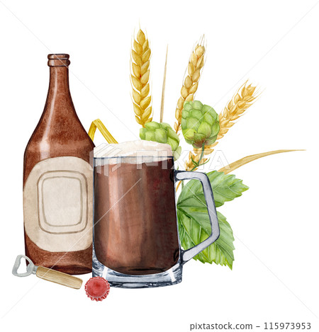 Composition with empty beer bottle with shaped glass of beer and malt and hop. Watercolor illustration 115973953