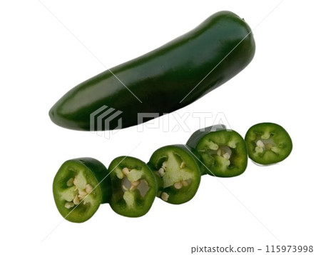 One Mexican jalapeno and one slice with the inside visible (white background) One Mexican jalapeno and one slice with the inside visible (white background) 115973998