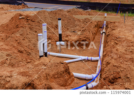Sanitary pipe water pipes must be laid before concrete is poured on foundation of new house Sanitary pipe water pipes must be laid before concrete is poured on foundation of new house 115974001