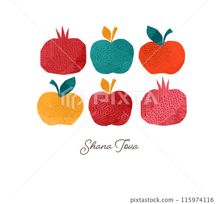 Rosh Hashanah, Rosh Hashana, Jewish New Year. Hand Drawn illustrations, vector design. Apples and 115974116