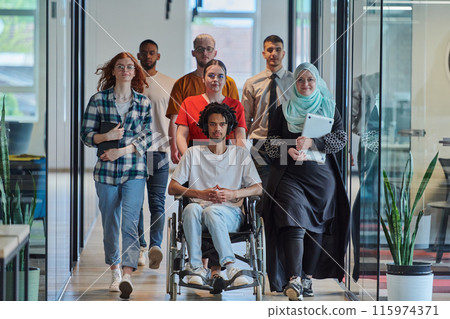 A diverse group of young business people walking a corridor in the glass-enclosed office of a modern startup, including a person in a wheelchair and a woman wearing a hijab, showing a dynamic mix of A diverse group of young business people walking a corridor in the glass-enclosed office of a modern startup, including a person in a wheelchair and a woman wearing a hijab, showing a dynamic mix of 115974371