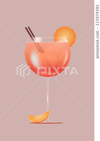 Aperol Spritz cocktail in balloon glass, garnished with orange slice and two straws against pink background. Vector illustration. Creative design. 115974392