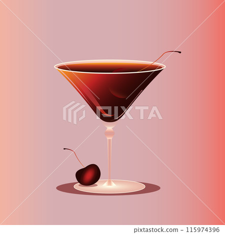 Manhattan cocktail garnished with cherry against pink gradient background with additional cherry decoration. Vector illustration. Creative design. 115974396